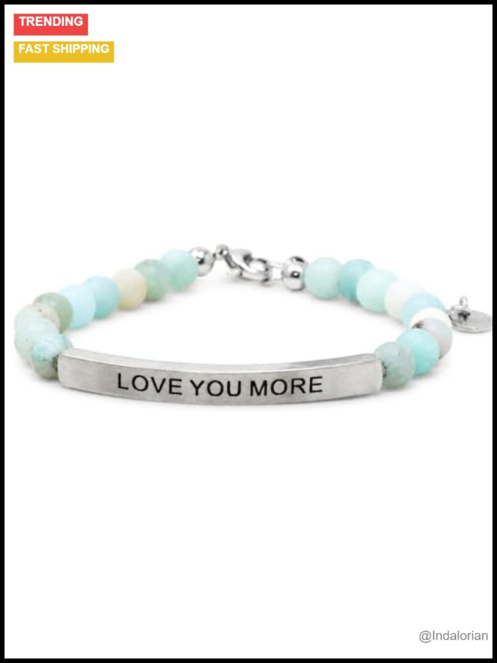 Engraved Natural Amazonite Stretch Bracelet Stainless Steel Bar Love You More